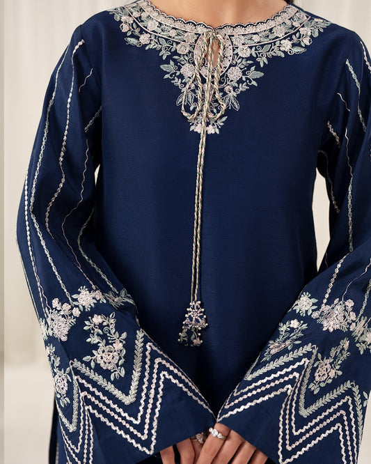 Midnight Sapphire: Intricate Pastel Embroidered Luxury Ensemble
