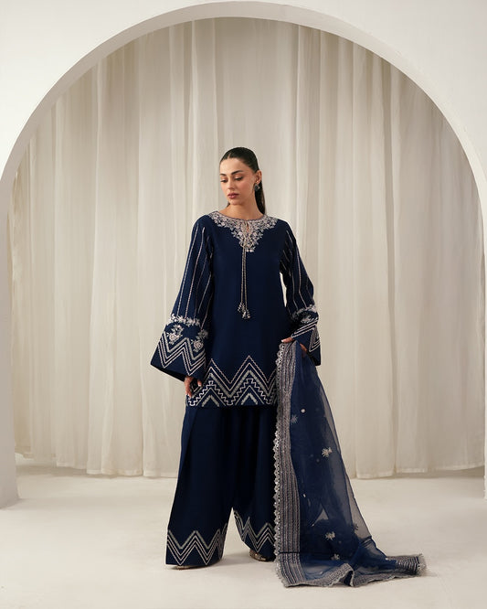 Midnight Sapphire: Intricate Pastel Embroidered Luxury Ensemble