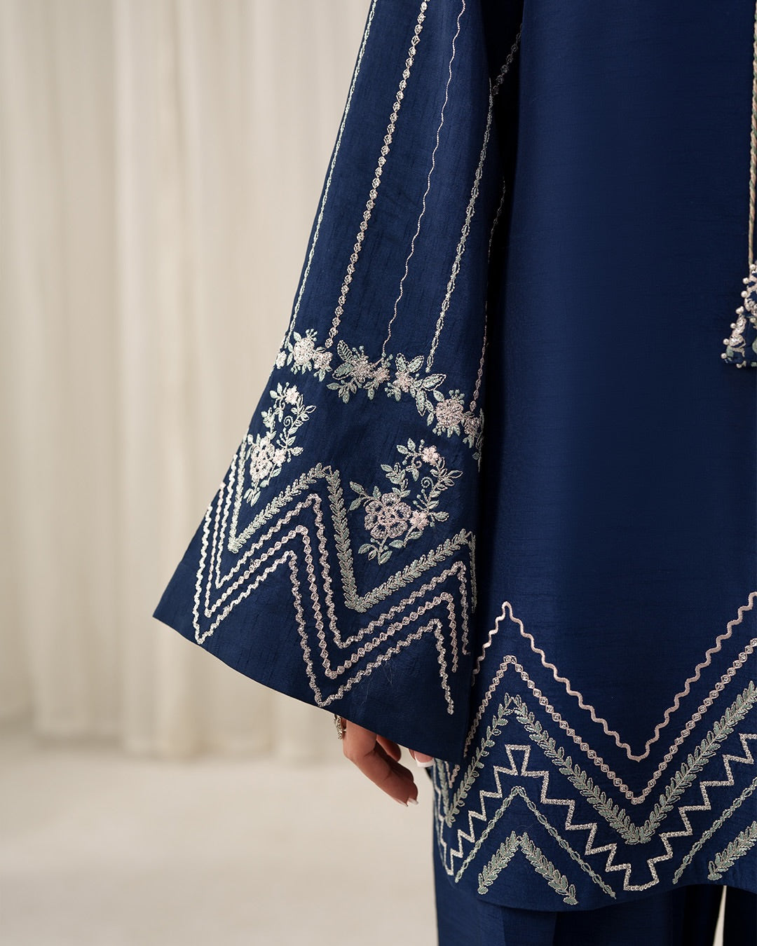 Midnight Sapphire: Intricate Pastel Embroidered Luxury Ensemble