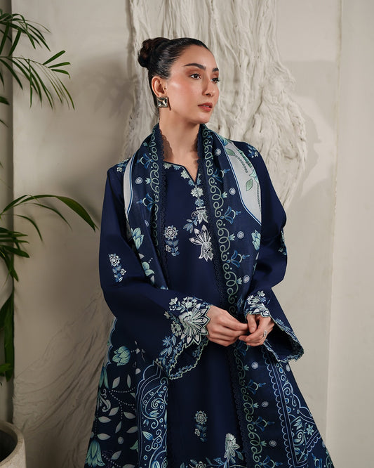 Saya: Winter Serenity Deep Blue Embroidered Khaddar Ensemble