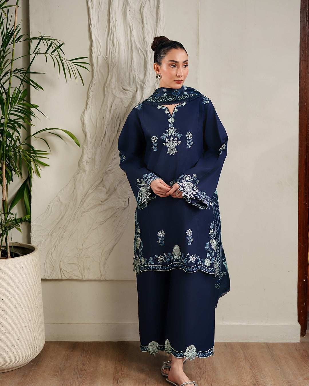 Saya: Winter Serenity Deep Blue Embroidered Khaddar Ensemble