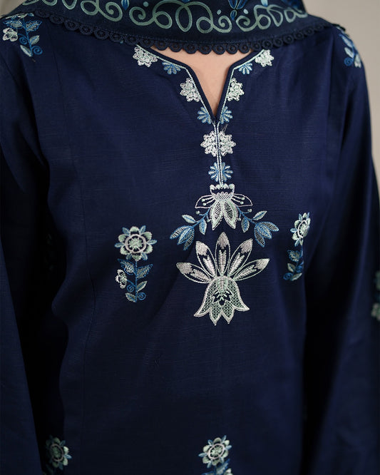 Saya: Winter Serenity Deep Blue Embroidered Khaddar Ensemble