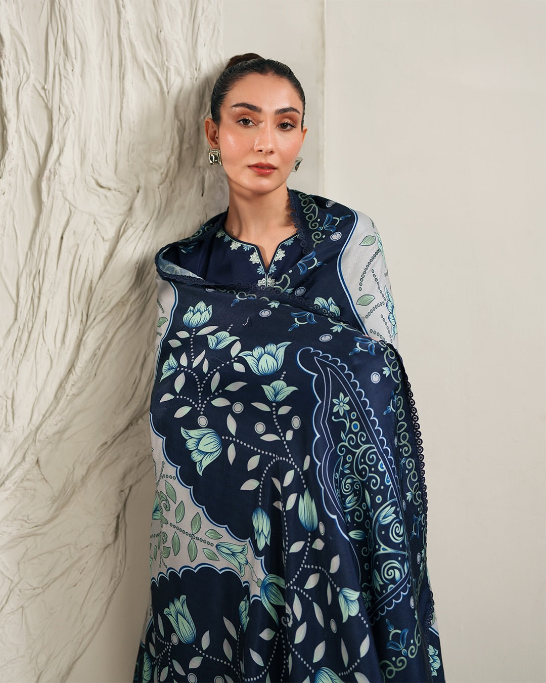 Saya: Winter Serenity Deep Blue Embroidered Khaddar Ensemble