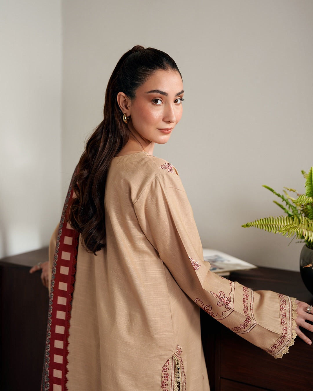 Shehwar: Warm Nude Embroidered Khaddar Festive Ensemble