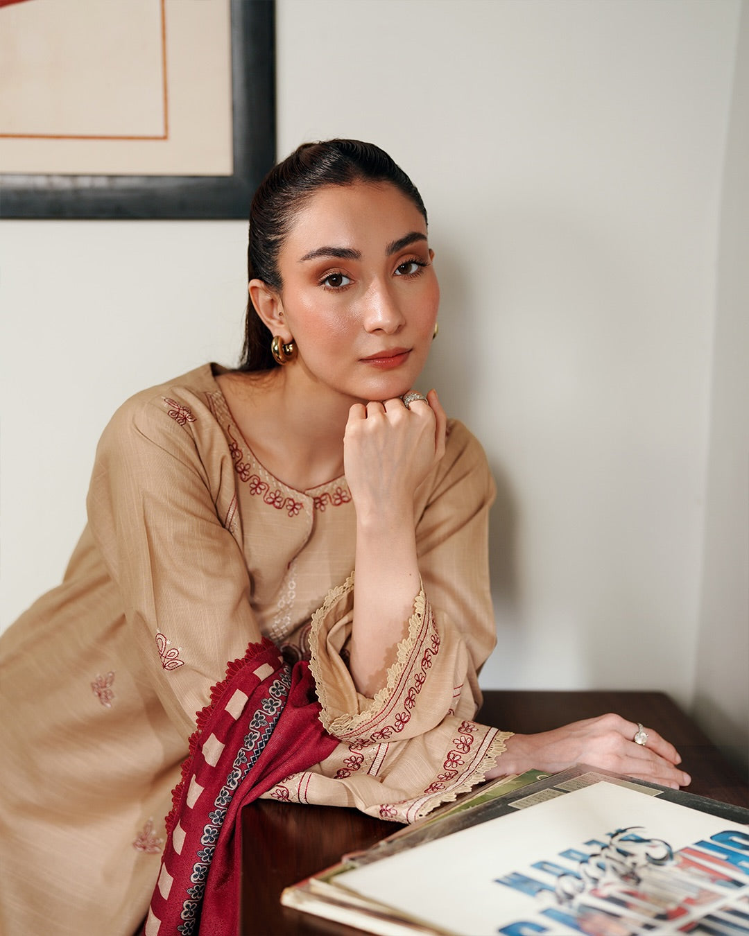Shehwar: Warm Nude Embroidered Khaddar Festive Ensemble