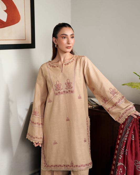 Shehwar: Warm Nude Embroidered Khaddar Festive Ensemble