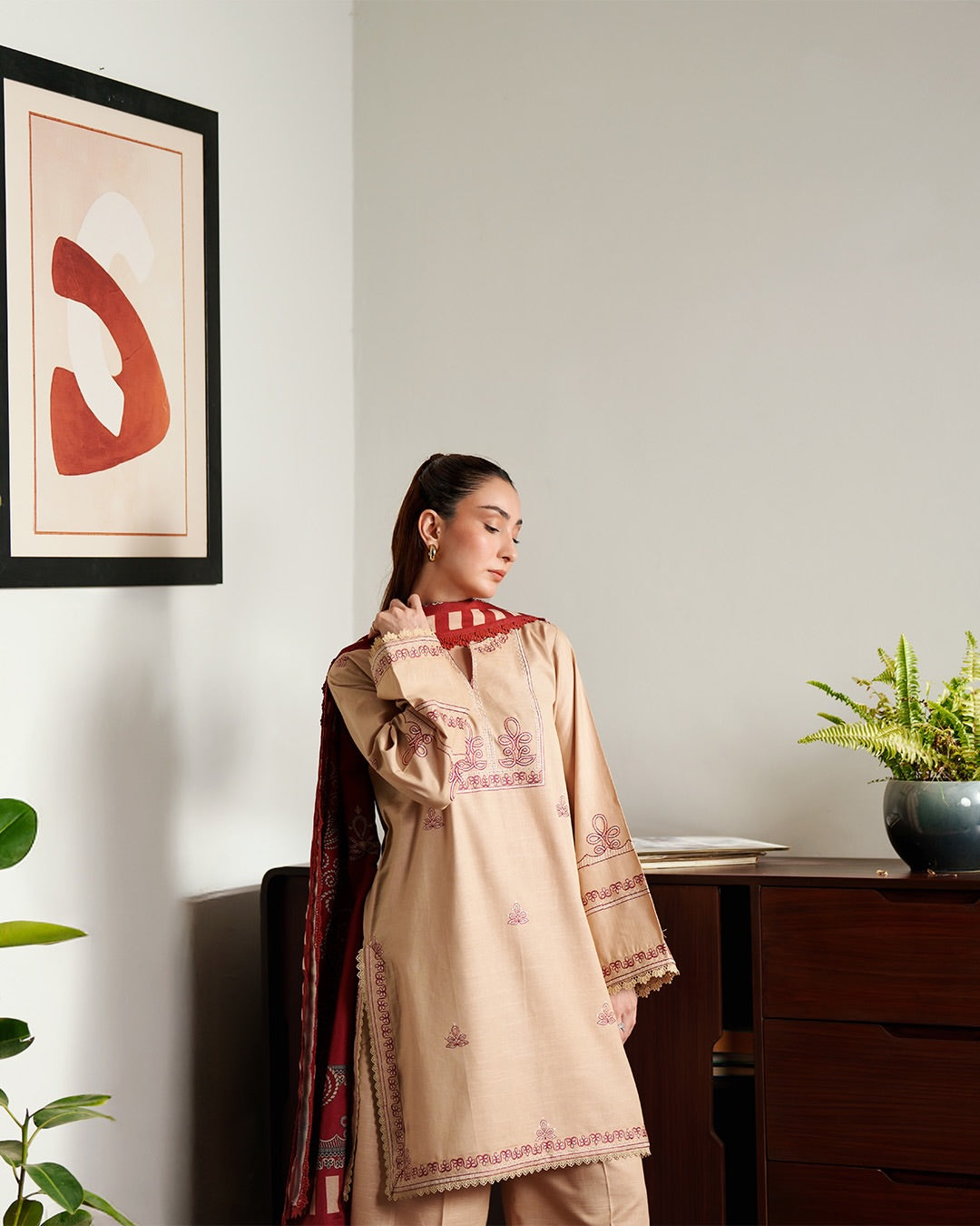 Shehwar: Warm Nude Embroidered Khaddar Festive Ensemble