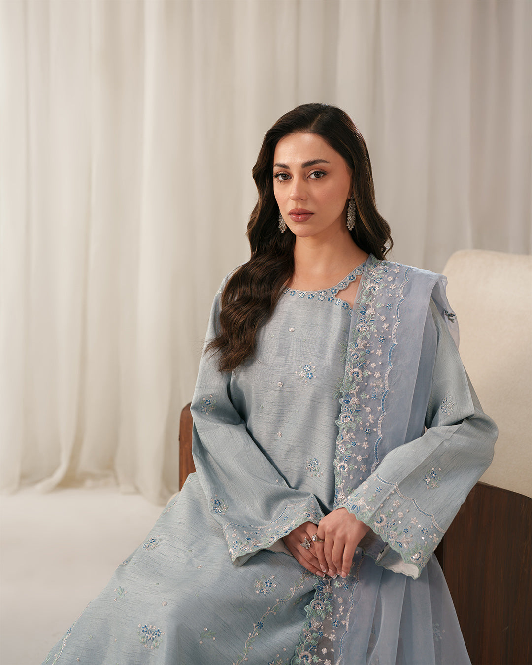 Ice Blue Mist: Asymmetric Scalloped Luxury Silk Ensemble