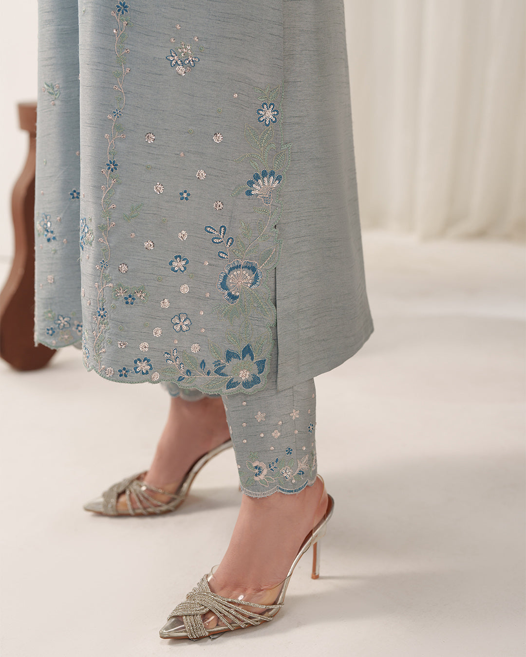 Ice Blue Mist: Asymmetric Scalloped Luxury Silk Ensemble
