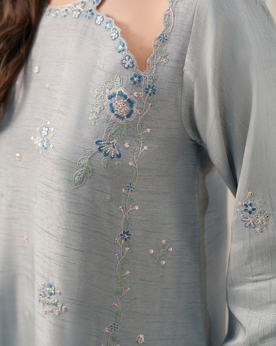 Ice Blue Mist: Asymmetric Scalloped Luxury Silk Ensemble