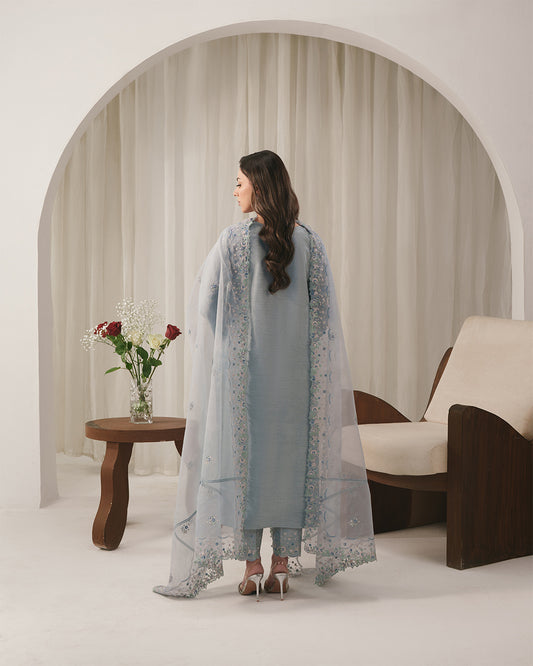 Ice Blue Mist: Asymmetric Scalloped Luxury Silk Ensemble