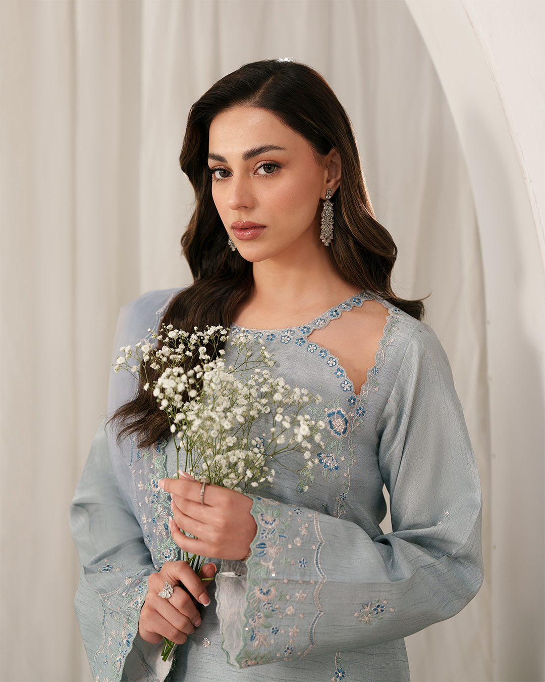 Ice Blue Mist: Asymmetric Scalloped Luxury Silk Ensemble