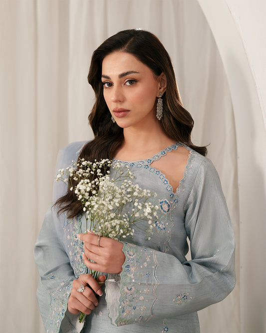 Ice Blue Mist: Asymmetric Scalloped Luxury Silk Ensemble