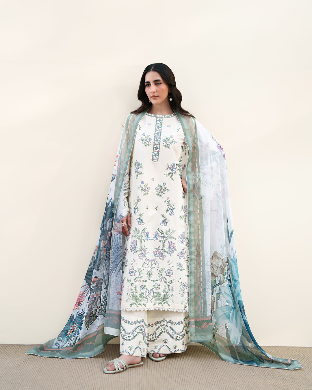 Ivory Grace: Delicate Pastel Embroidered Ensemble with Printed Chiffon Dupatta