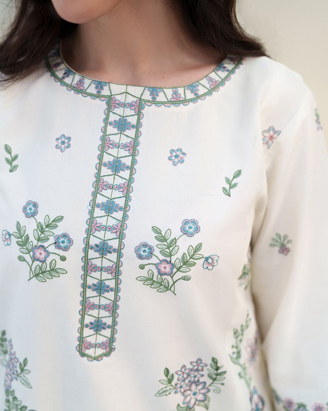 Ivory Grace: Delicate Pastel Embroidered Ensemble with Printed Chiffon Dupatta