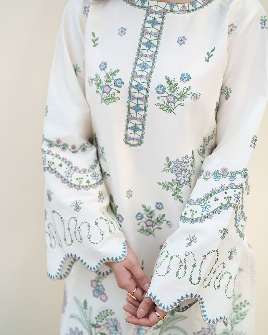 Ivory Grace: Delicate Pastel Embroidered Ensemble with Printed Chiffon Dupatta
