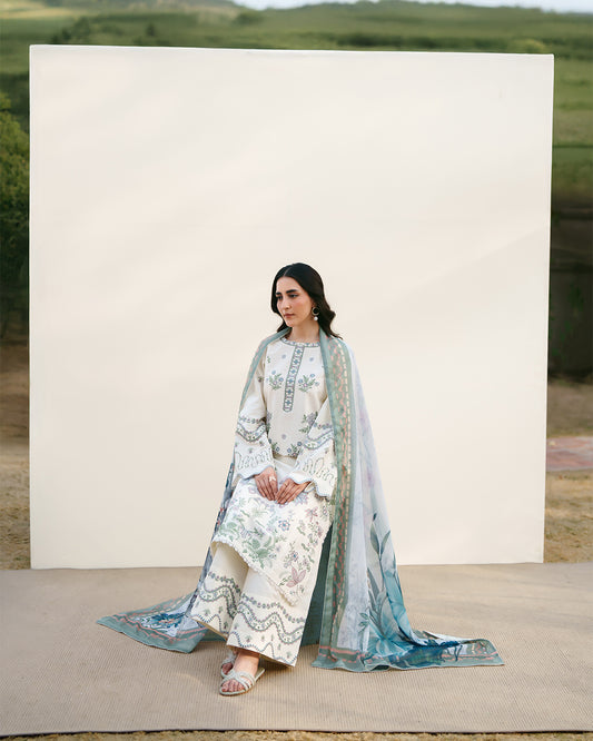 Ivory Grace: Delicate Pastel Embroidered Ensemble with Printed Chiffon Dupatta