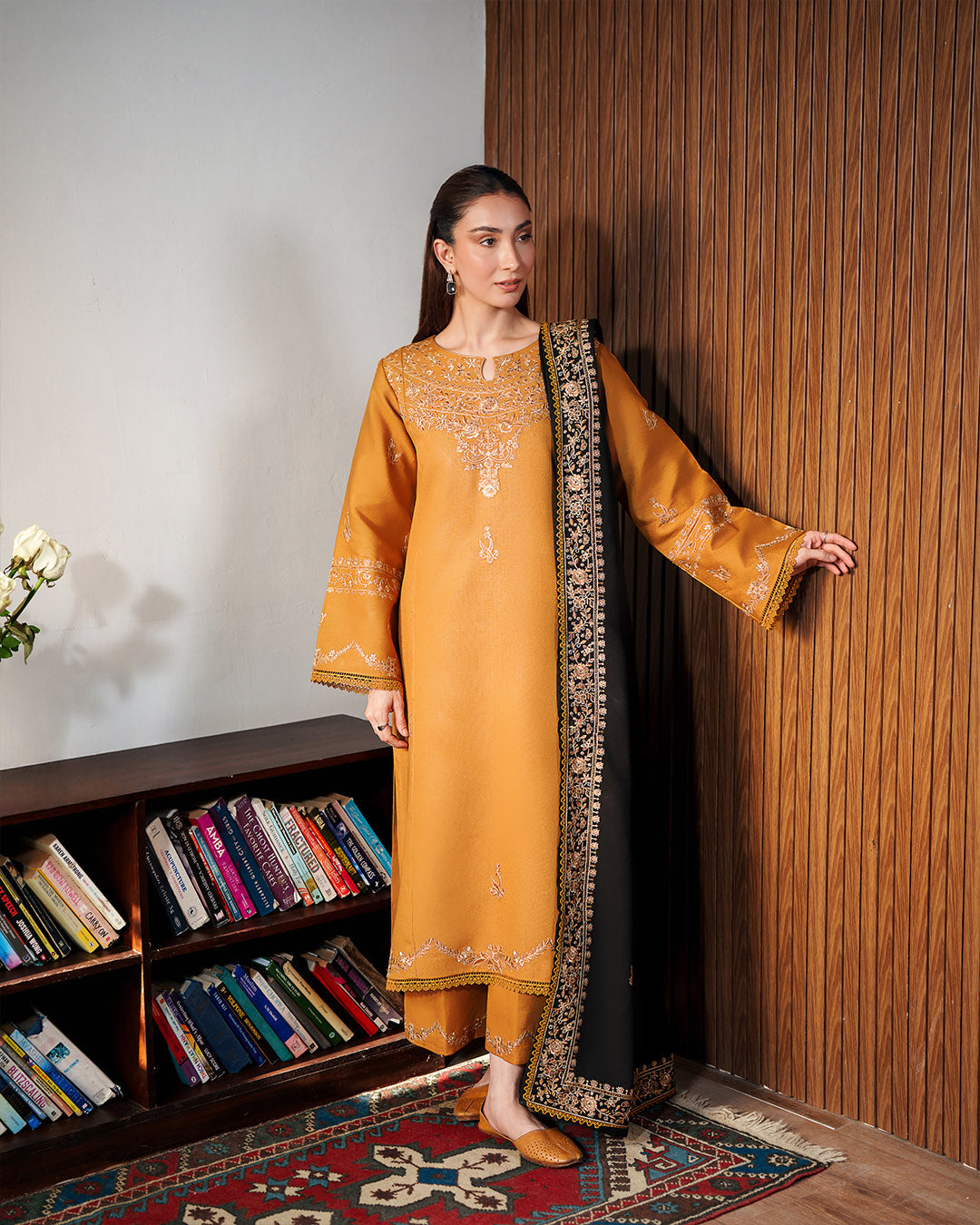 Zaraab: Mustard Gold Embroidered Winter Ensemble with Black Shawl