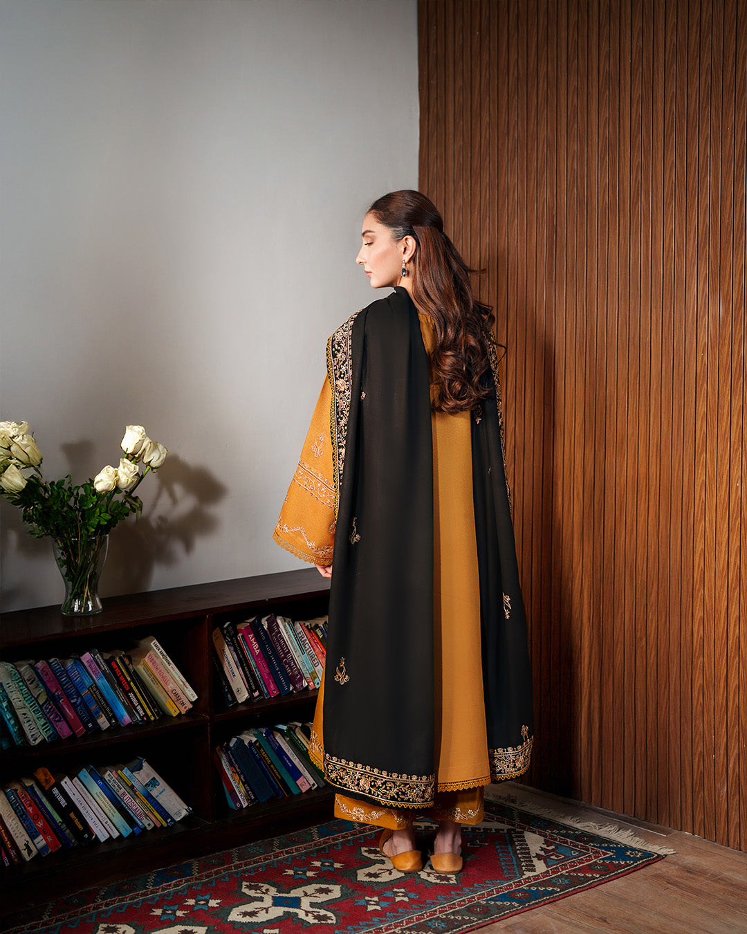 Zaraab: Mustard Gold Embroidered Winter Ensemble with Black Shawl