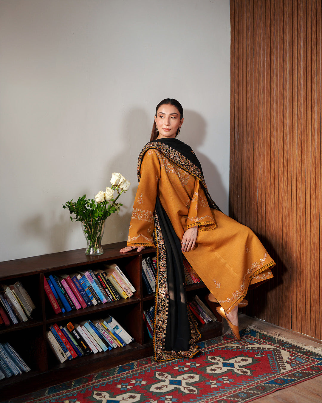 Zaraab: Mustard Gold Embroidered Winter Ensemble with Black Shawl