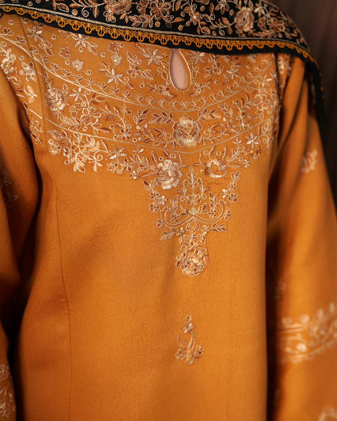 Zaraab: Mustard Gold Embroidered Winter Ensemble with Black Shawl