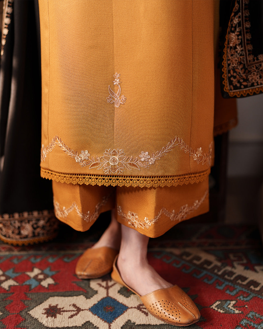 Zaraab: Mustard Gold Embroidered Winter Ensemble with Black Shawl