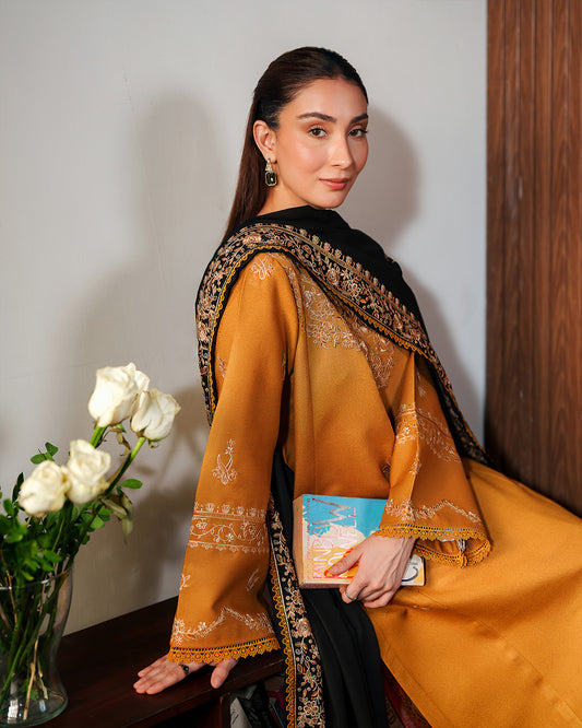 Zaraab: Mustard Gold Embroidered Winter Ensemble with Black Shawl