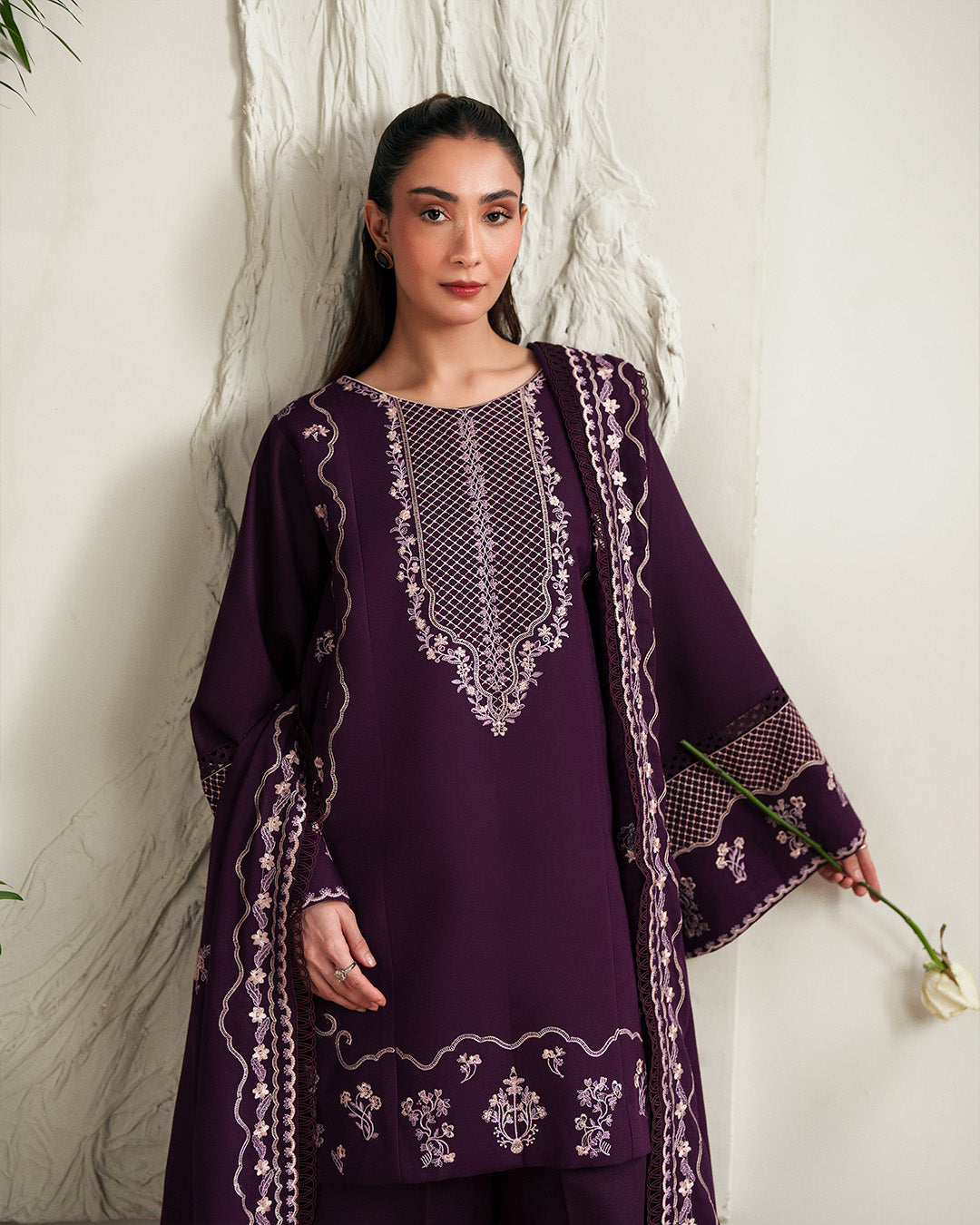 Crimson Serenade: Intricate Paisley Embroidered Winter Ensemble