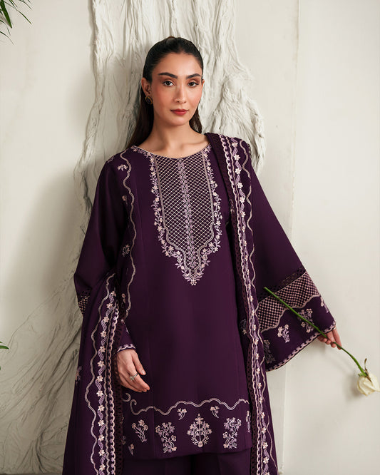 Crimson Serenade: Intricate Paisley Embroidered Winter Ensemble